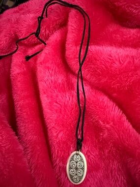 Oval Swirl Pendant Necklace - Black Cord with Silver-Tone Accent. Irish.